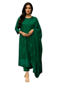 Women's Green Embroidered Kurta Set with Dupatta-M-Bottle Green