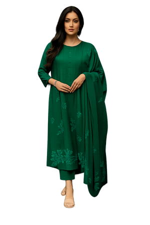 Women's Green Embroidered Kurta Set with Dupatta-M-Bottle Green