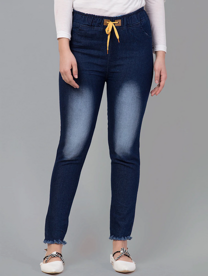 Women’s high rise navy blue denim jeans by Ochre Ourea, size 32, showing front view with classic fit and stitching details.