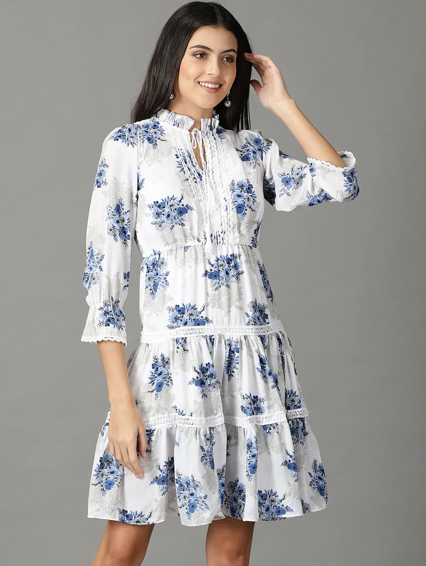 Women'S Tiered Dress Floral Dress (Size-L) (Color-WHITE)