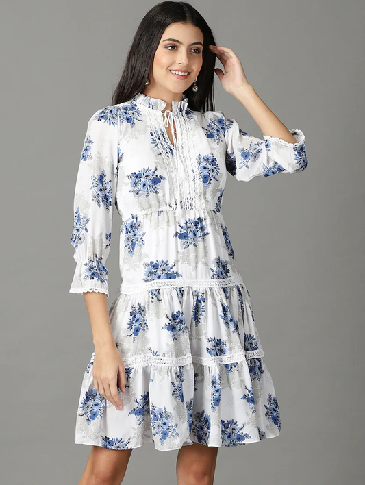 Women'S Tiered Dress Floral Dress (Size-L) (Color-WHITE)