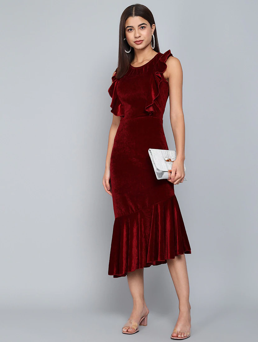 Red Velvet Asymmetric Dress (Size-L) (Color-MAROON)