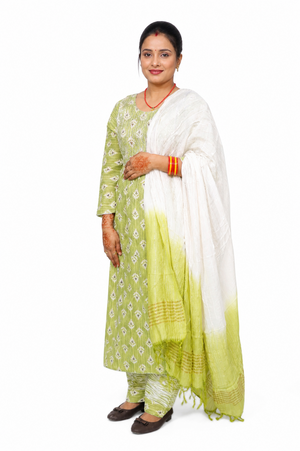 Women's Pista Green Printed Kurta, Pant & Dupatta