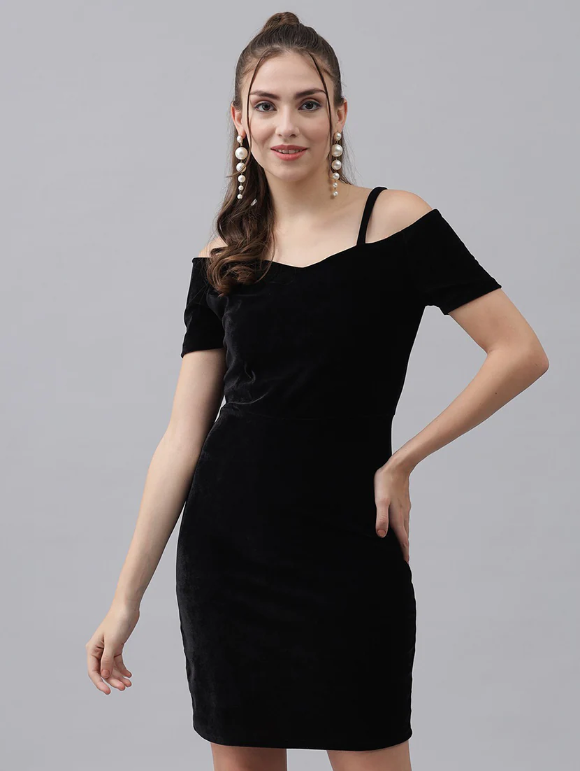Women Black Velvet Bodycon Dress (Size-L) (Color-BLACK)