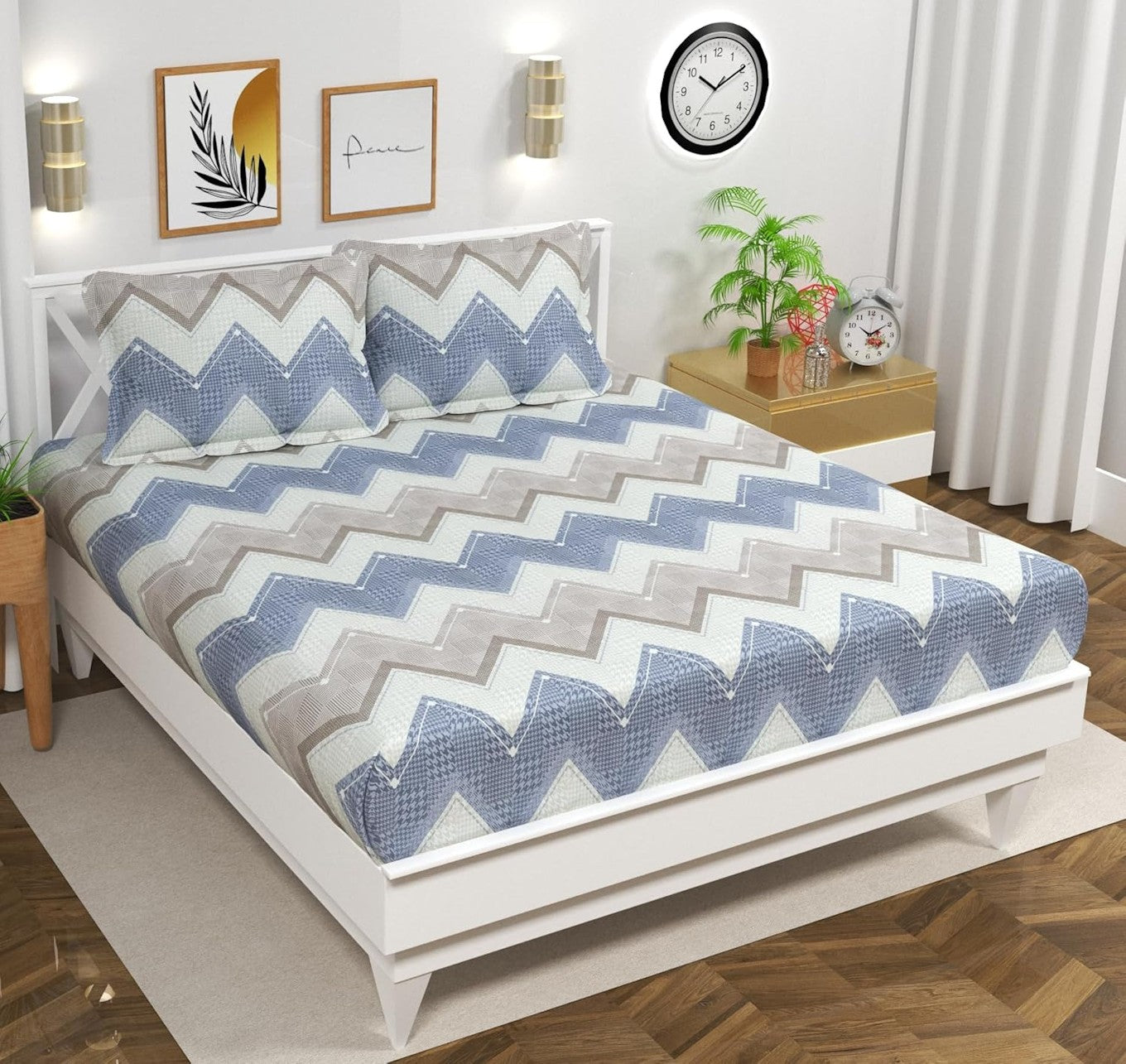 Cotton Feel Bedsheet Beige Wave Print Set