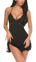 Black Halter Lace Chemise Babydoll Lingerie (Size-M)