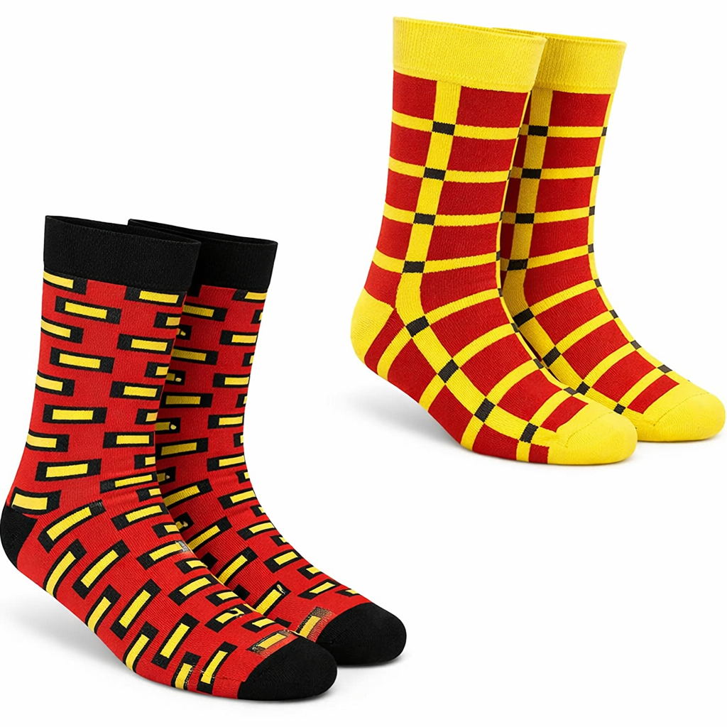Red & Yellow Geometric Pattern Crew Socks – Unisex