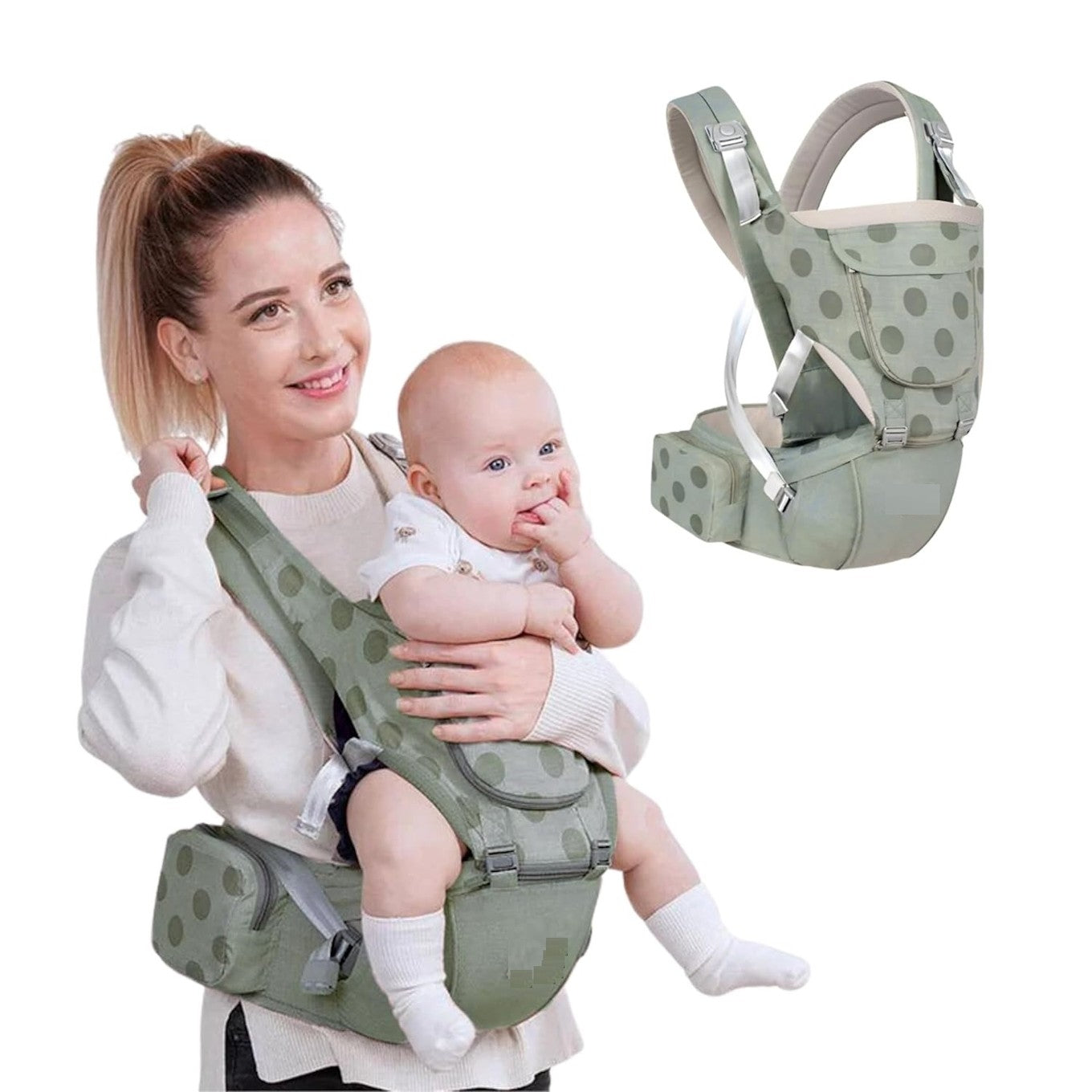 Green Thrace newborn baby carrier bag in green with five carry positions, designed for kids and babies.