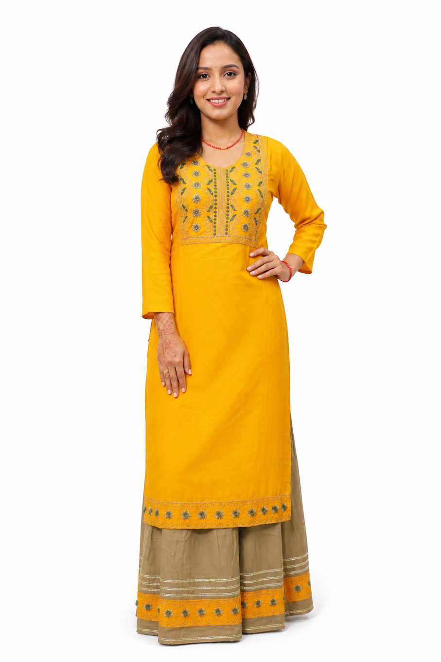 Women's Yellow Embroidered Kurta & Skirt Set