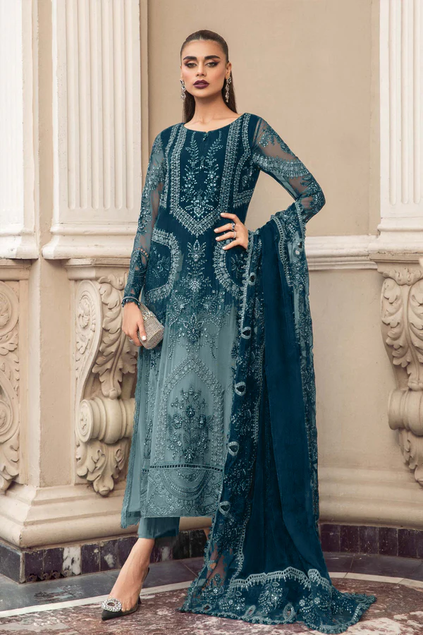 Double Shade Organza Rama Pakistani Salwar Kameez With Heavy Dupatta