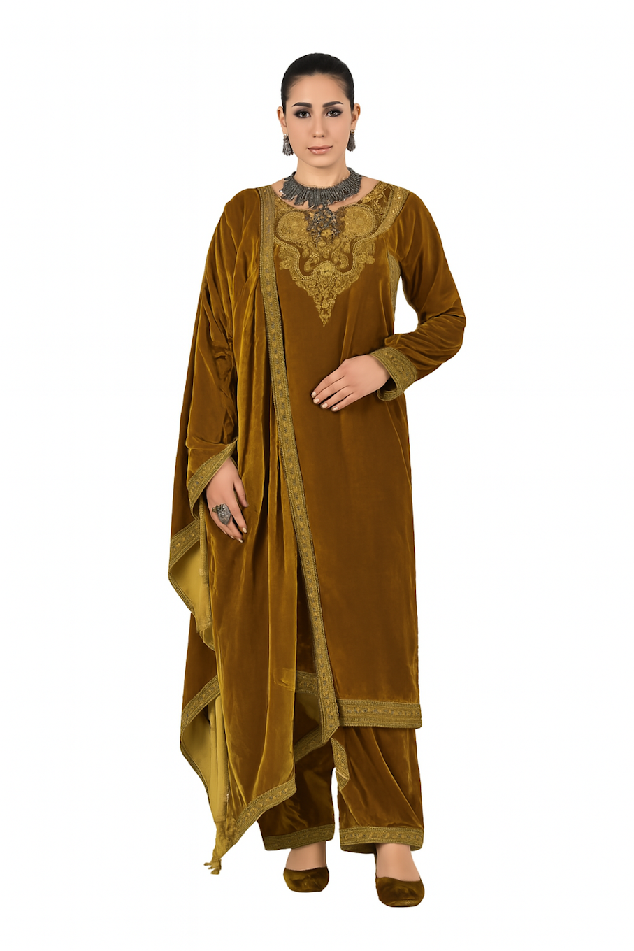 Women Embroidery Kurta Set-Golden (Size-4XL) | D369