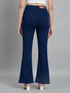 Women’s high rise navy blue denim jeans by Ochre Ourea, size 32, displayed on a hanger with front pockets and classic stitching.