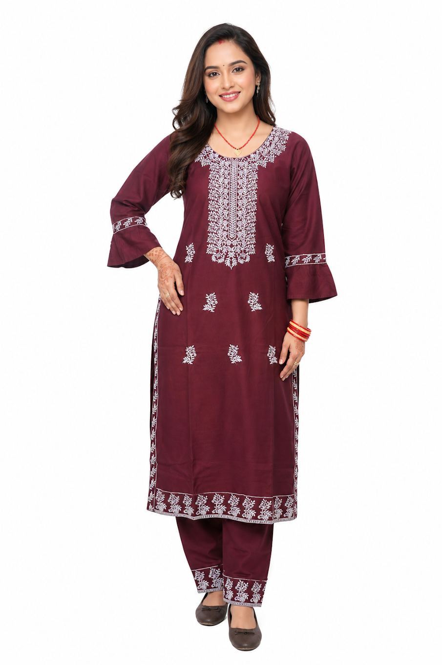 Women's Maroon Embroidered Kurta & Pant Set