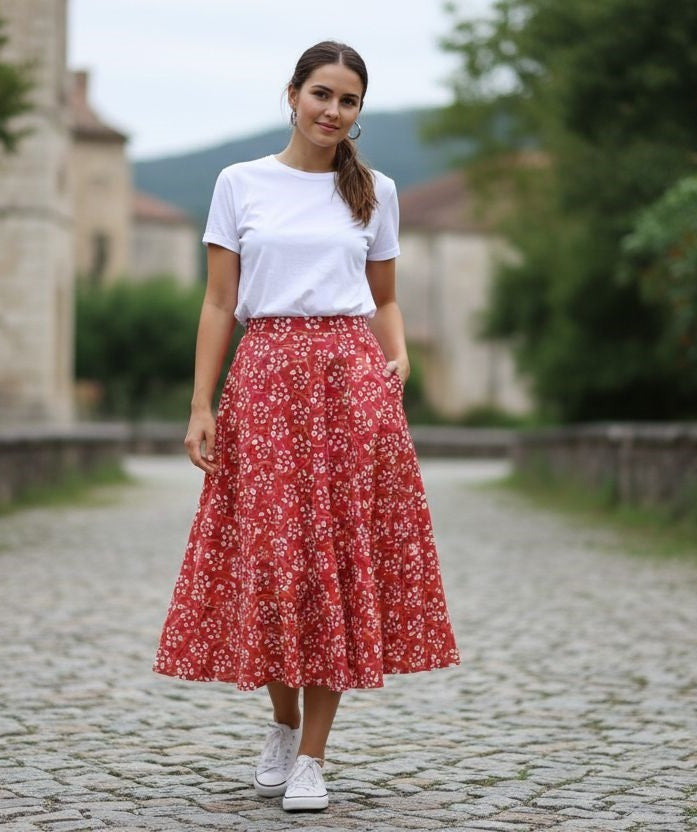 Red Floral Midi Skirt
