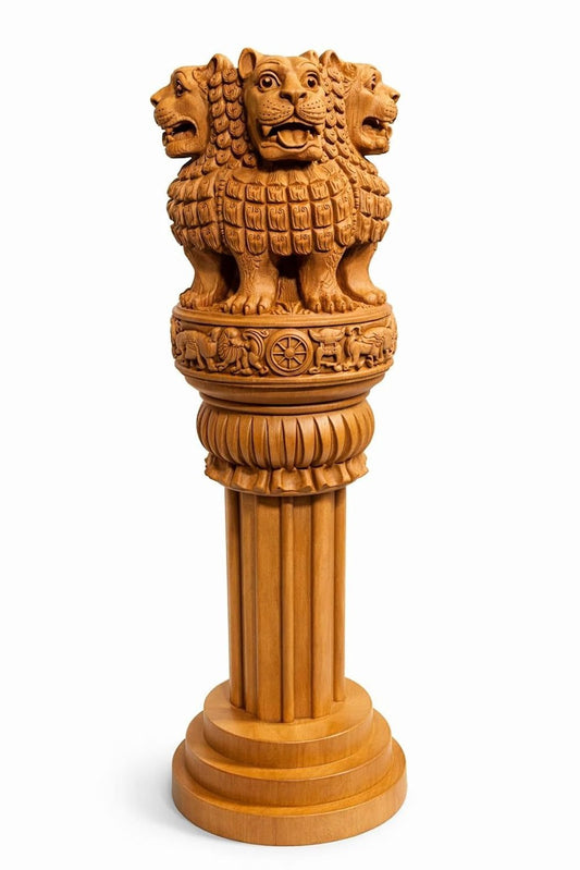 Wooden Ashok Stambh Lion Sculpture