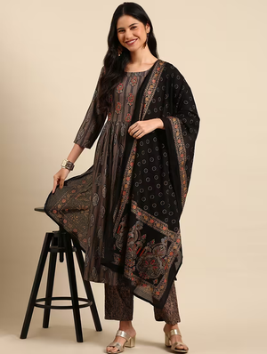 Women Printed Kurta Pant With Dupatta Suit Set (Size-M) (Color-Brown)