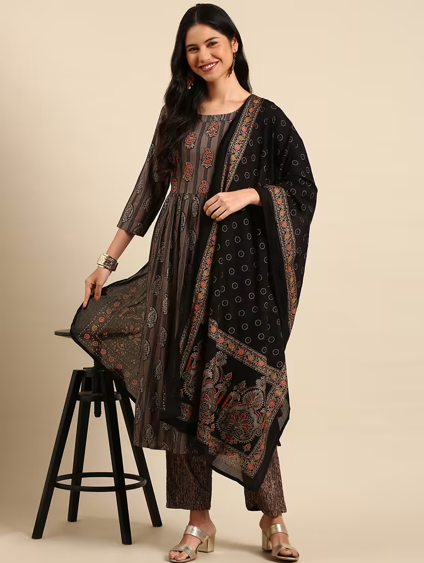 Women Printed Kurta Pant With Dupatta Suit Set (Size-M) (Color-Brown)