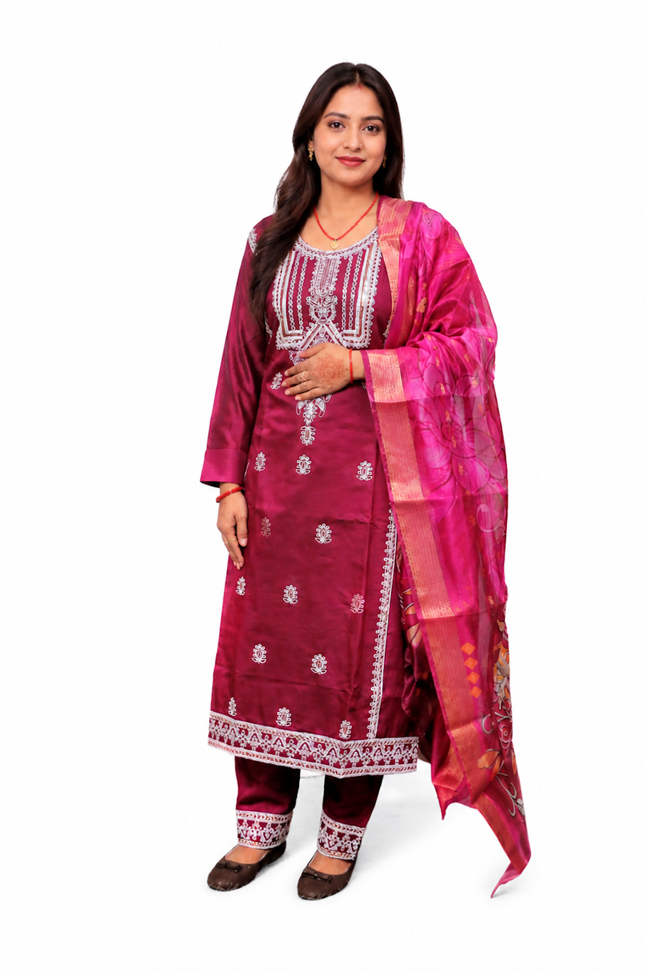 Women's Magenta Embroidered Kurta, Pant & Dupatta