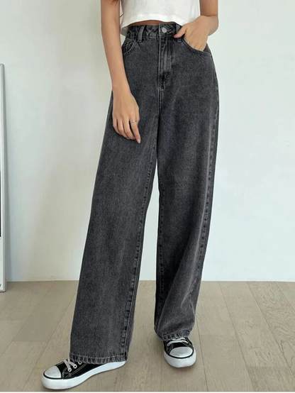 Women’s high rise grey denim jeans by Ochre Ourea, showcasing the front view and classic high waist design.
