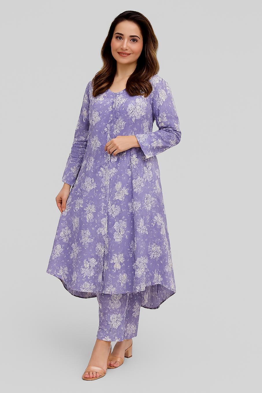 Elegant Floral Printed Kurta Set for Women-Purple (Size-S)
