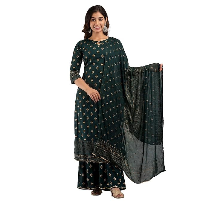 Green rayon kurta with gold print, paired with sharara and dupatta, from Olive Huckleberry women&