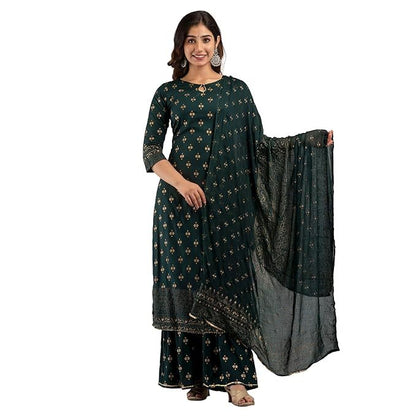 Green rayon kurta with gold print, paired with sharara and dupatta, from Olive Huckleberry women&