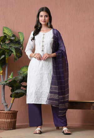 Women's White & Purple Kurta, Pant & Dupatta Set