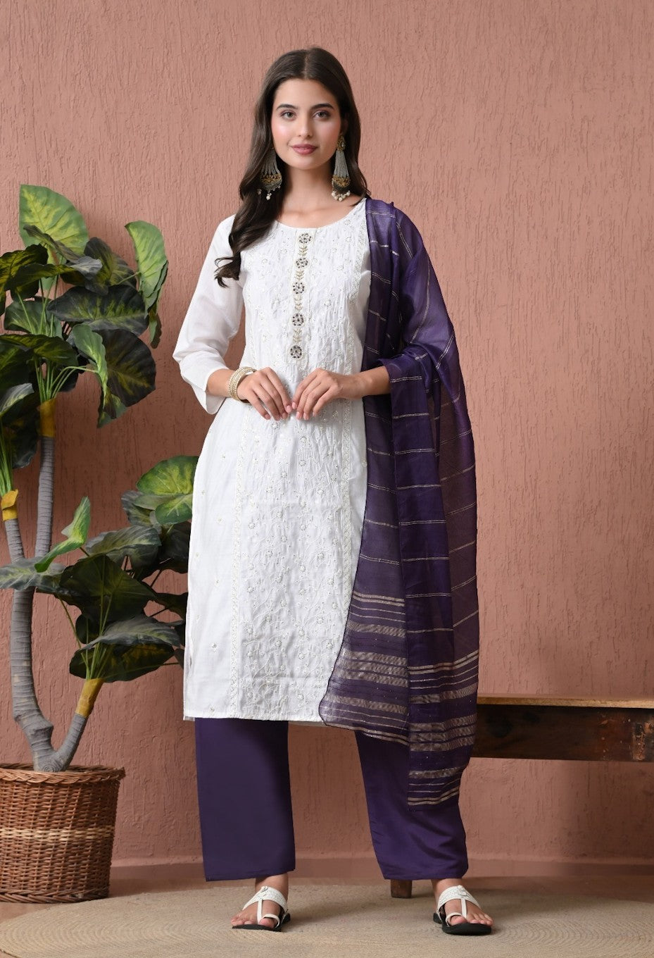 Women's White & Purple Kurta, Pant & Dupatta Set