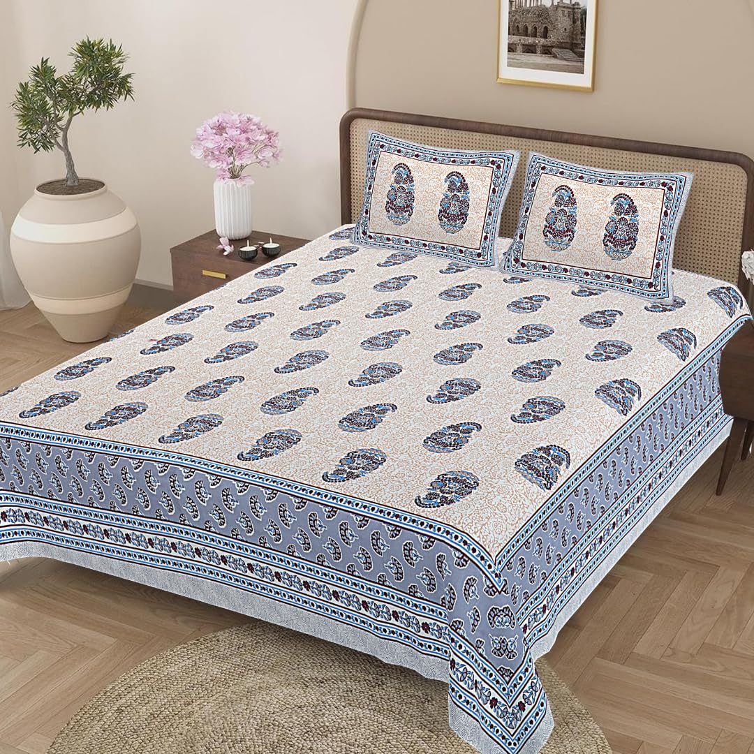 Jaipuri Cotton King Bedsheet Blue