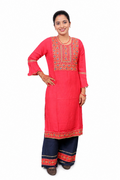 Women's Pink Embroidered Kurta & Blue Pant Set
