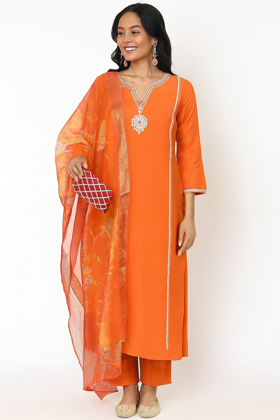 Festive Wear  Straight Kurta and Pant Set with Dupatta-Orange  | D26