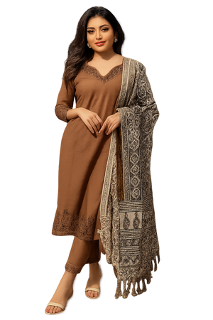 Women's Brown Embroidered Kurta Set with Patterned Shawl – Traditional