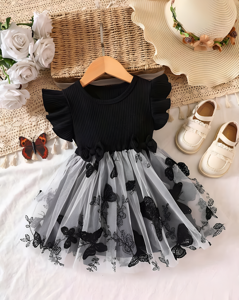 Beautifull Ribbed Round-Neck Buterfly Design Dress For Girls Size 5-6