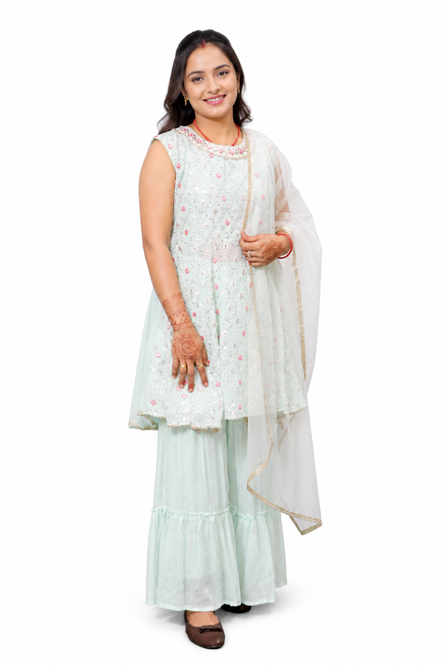 Women's Sea Green Embroidered Kurta & Sharara Set