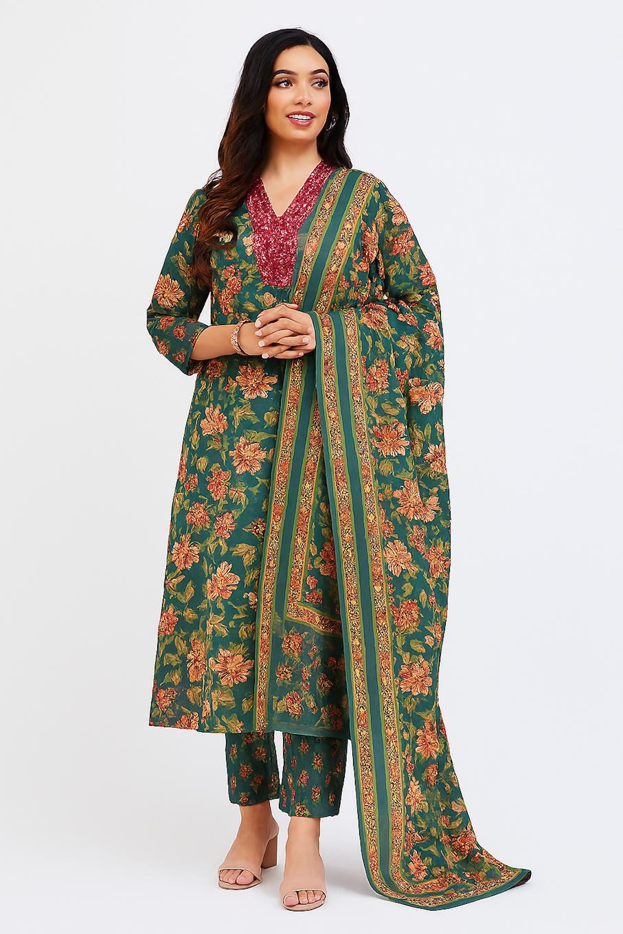Elegant Floral Suit Set with Dupatta for Women-Green (Size-L)