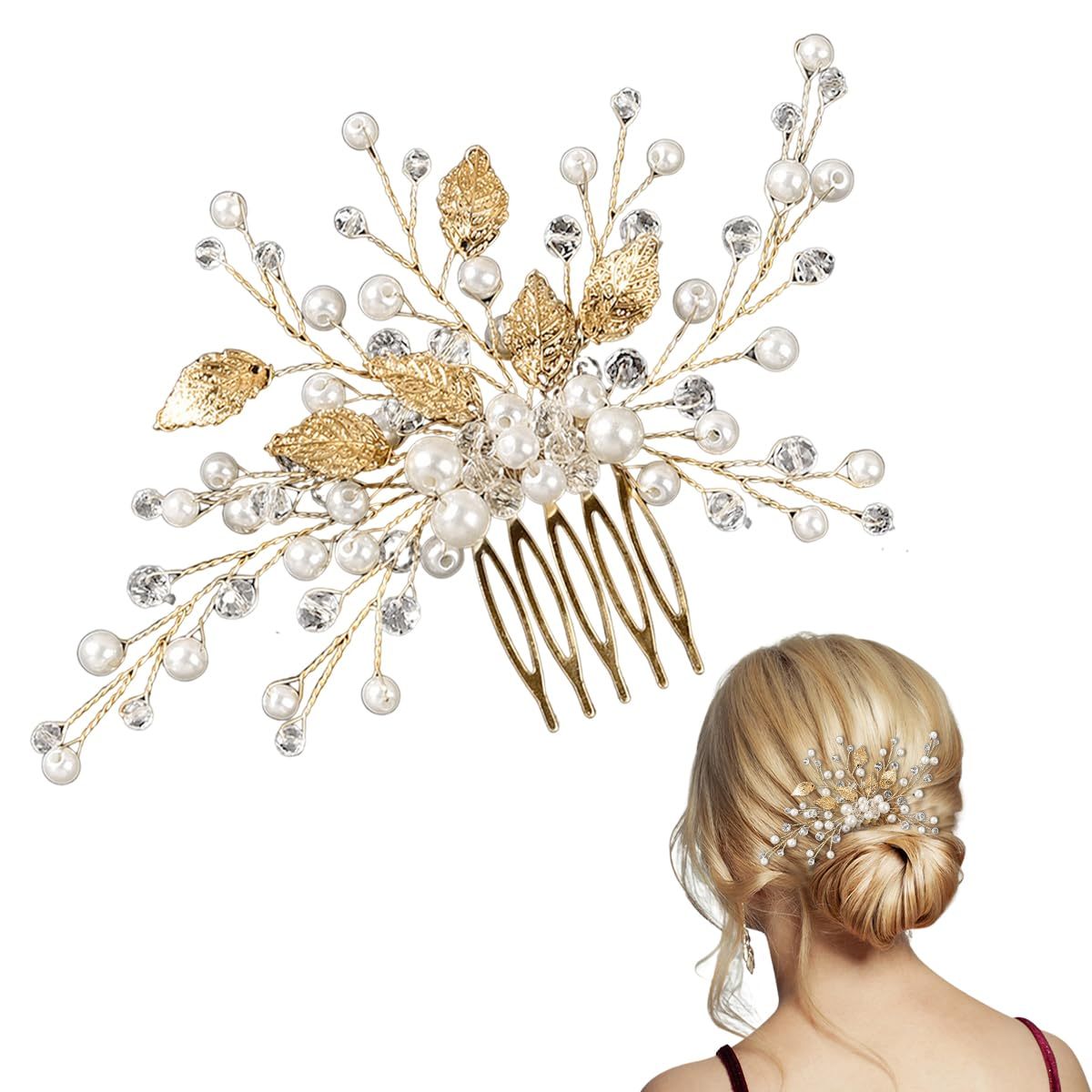 Bridal Pearl Hair Comb Gold Leaf