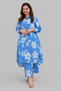 Elegant Floral Printed Kurta Set for Women-Blue (Size-XL)