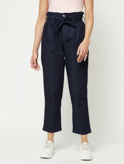Women’s high rise denim jeans by Ochre Ourea in navy blue, showcasing fit and classic style with front and back views.