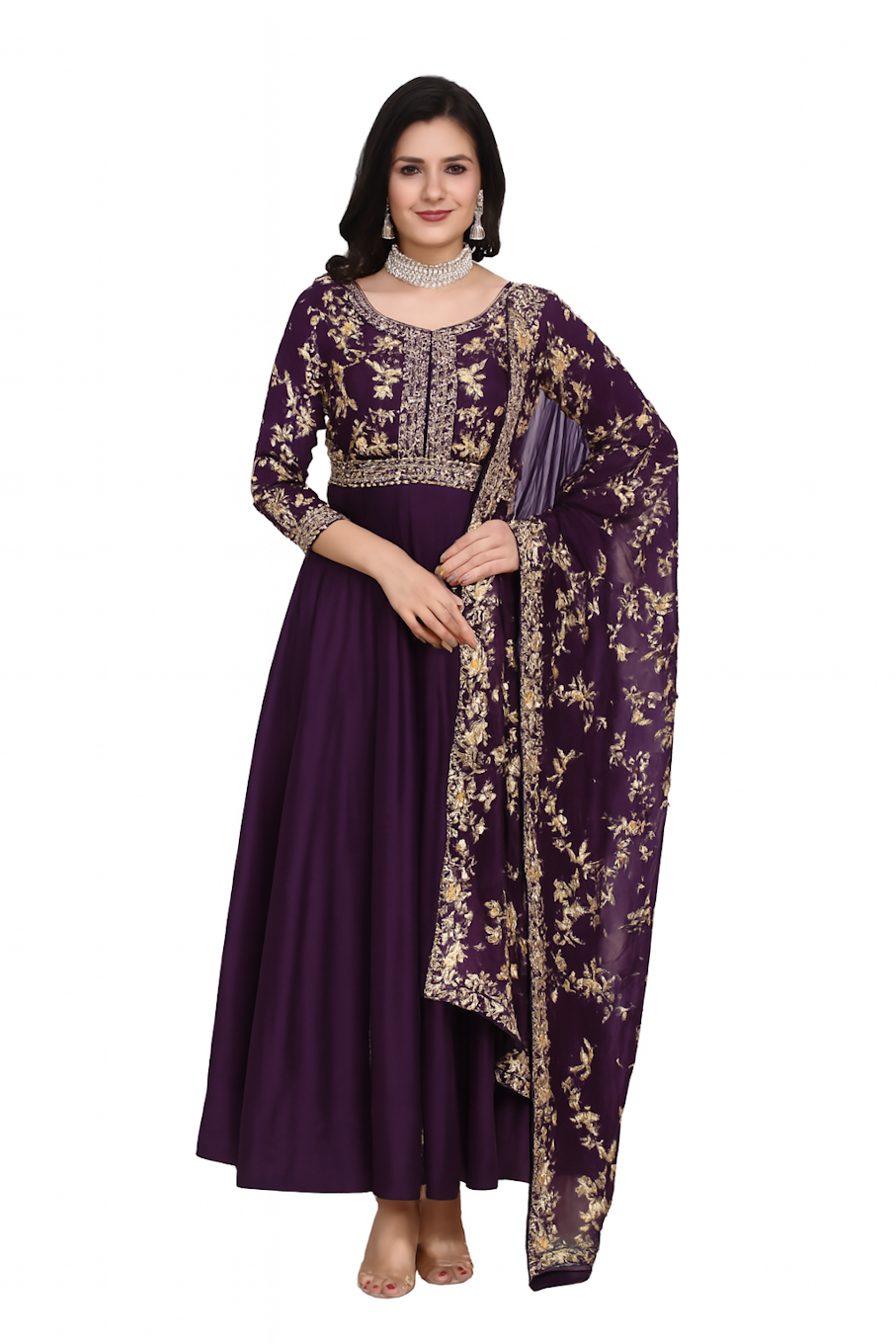 Embroidered Designer Gown for Women-Wine (Size-XL) | D223