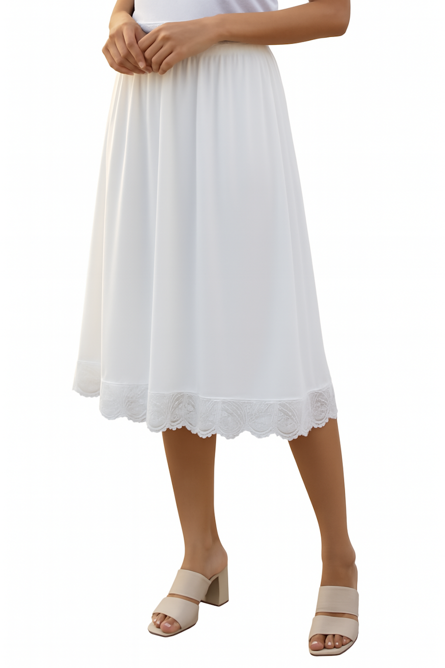 Elegant White Skirt with Lace Hem Detail (Size-L)