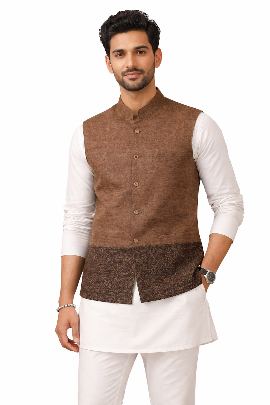 Men's Brown Nehru Vest with Intricate Border