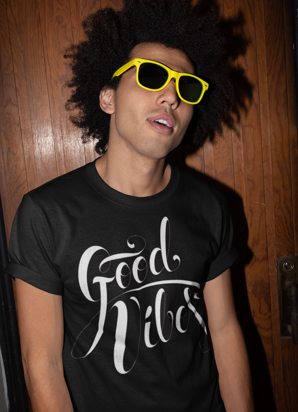 Black Good Vibes Type T-shirt by Scorpius featuring colorful printed design on front, casual short-sleeve style.
