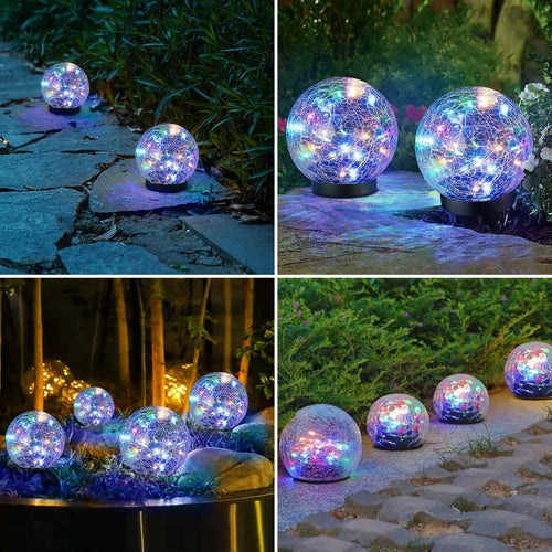 Pink Iolaus outdoor solar crack bottle 20-light waterproof decorative lighting illuminated at night in garden or yard.