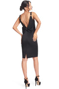 Homa Bow Back Dress - Black Satin Midi Dress with Sweetheart Neckline