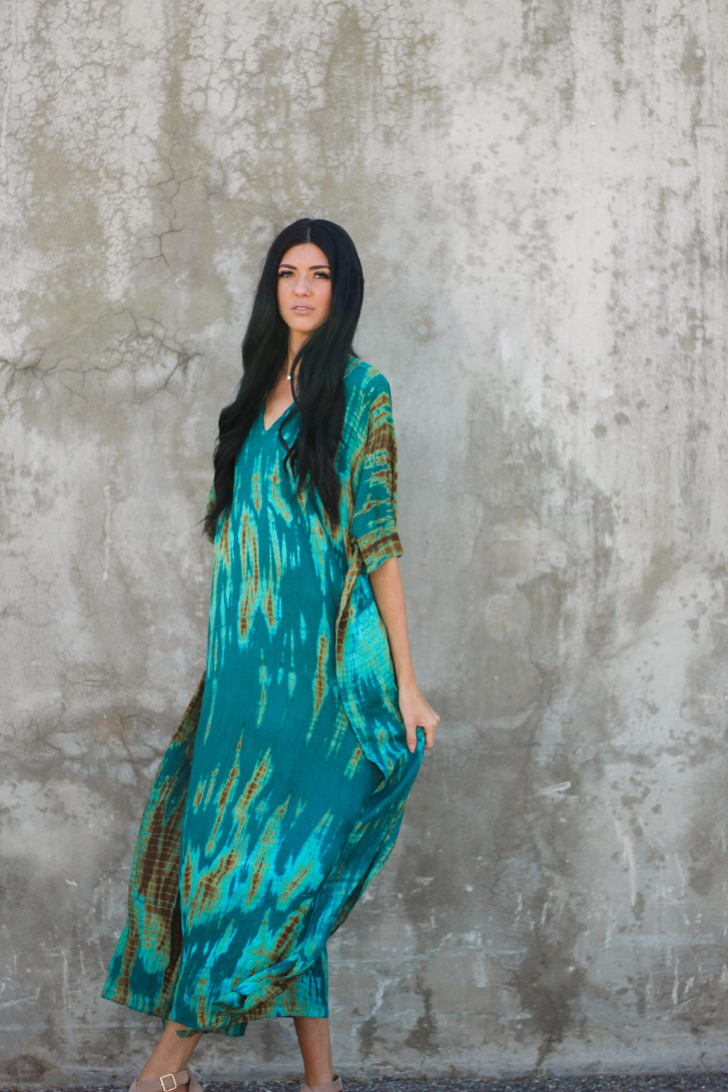 Teal Green Tie Dyed Kaftan Dress with Pockets - Plus Size Women's