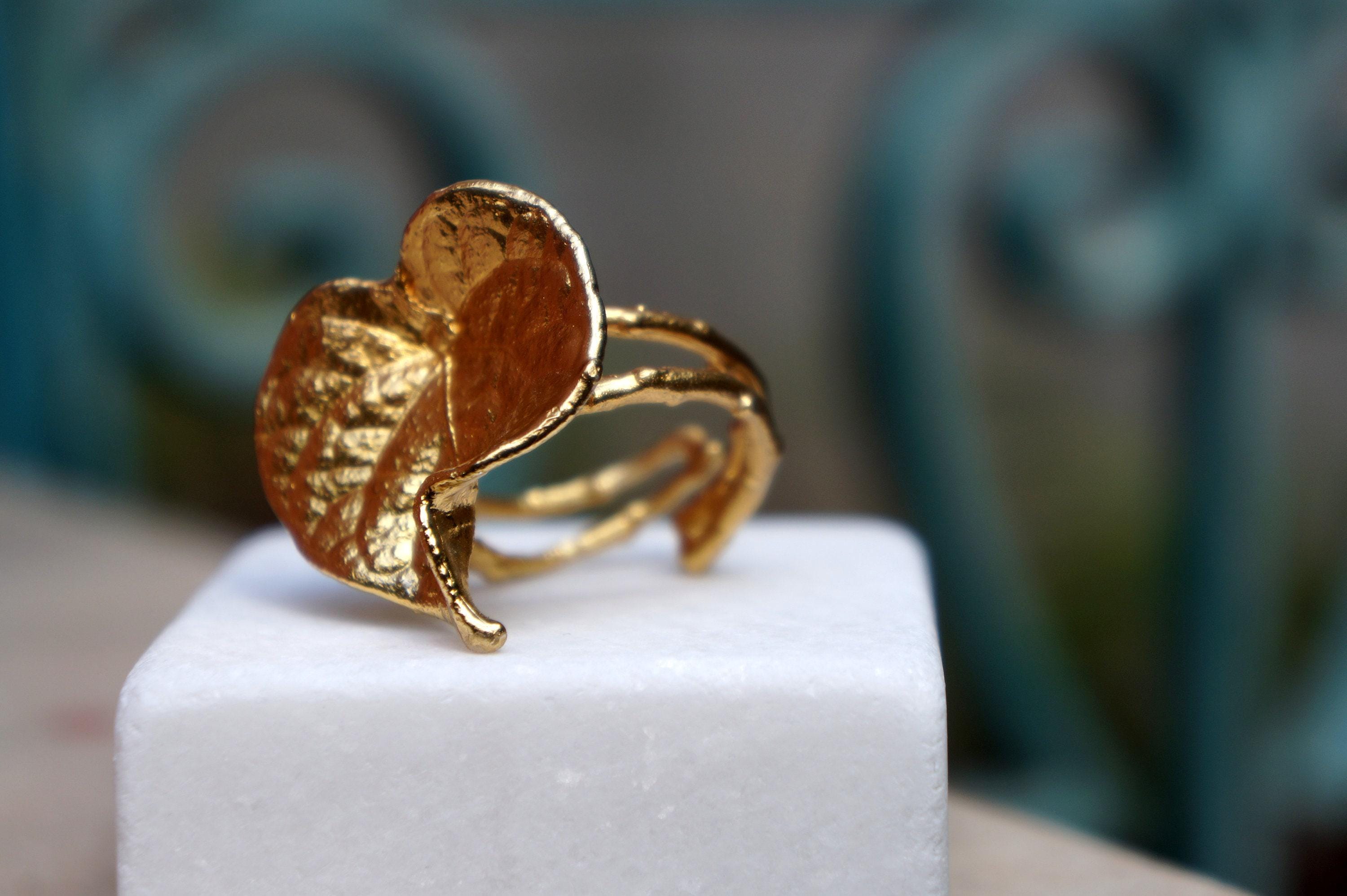 Forest Leaf Ring - 14k Gold-Plated Brass, Adjustable Plant Jewelry