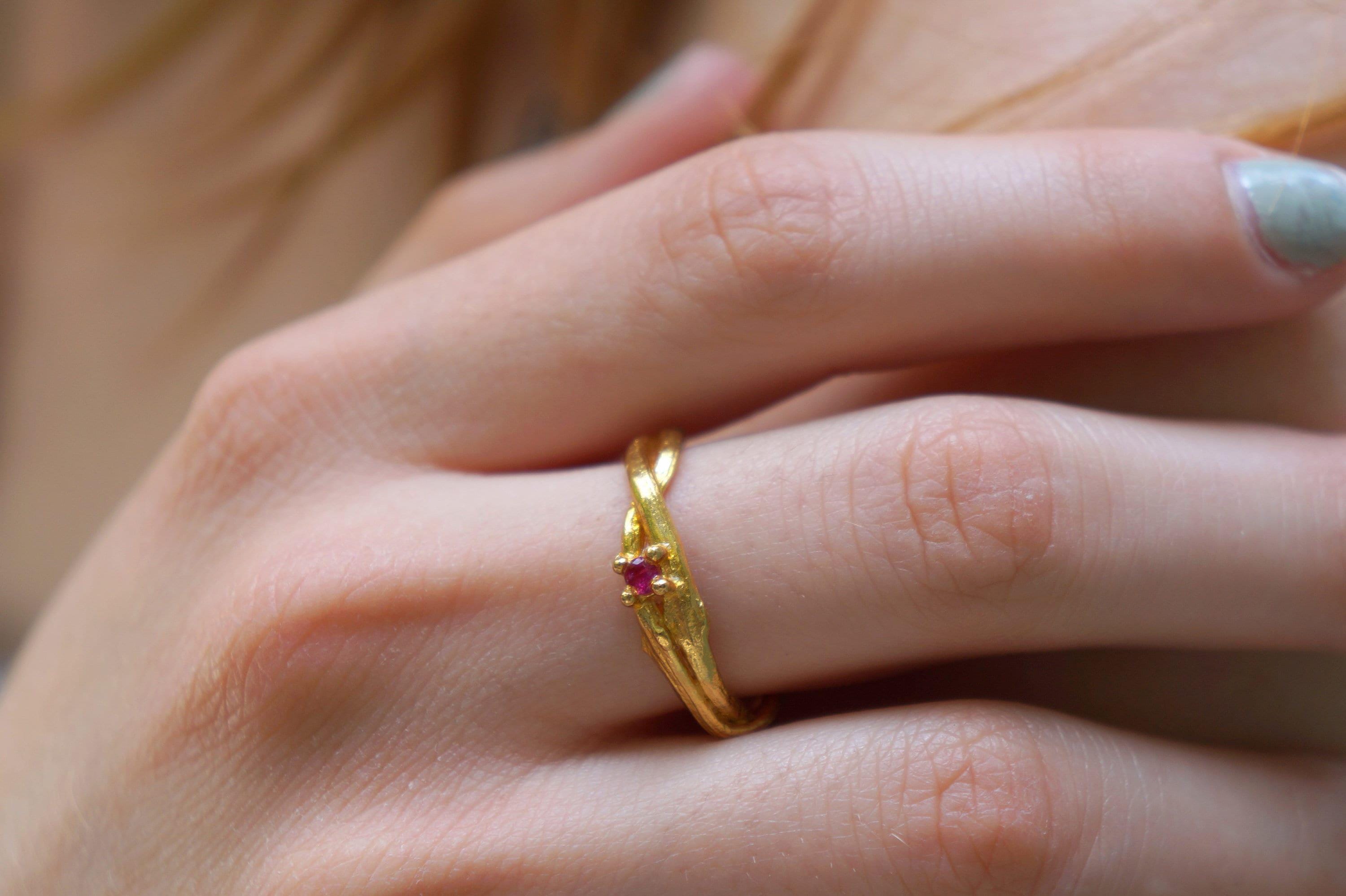 Nature Inspired Ring: Olive Branch Twig - 14k Gold on Silver