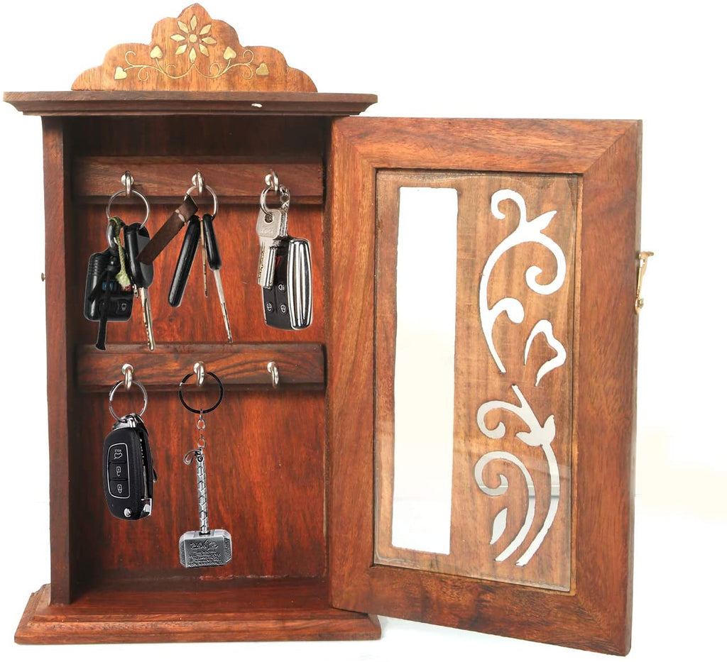 Sheesham Wood Wall Mounted Leaf Design Safe Key Holder Hanger Hooks