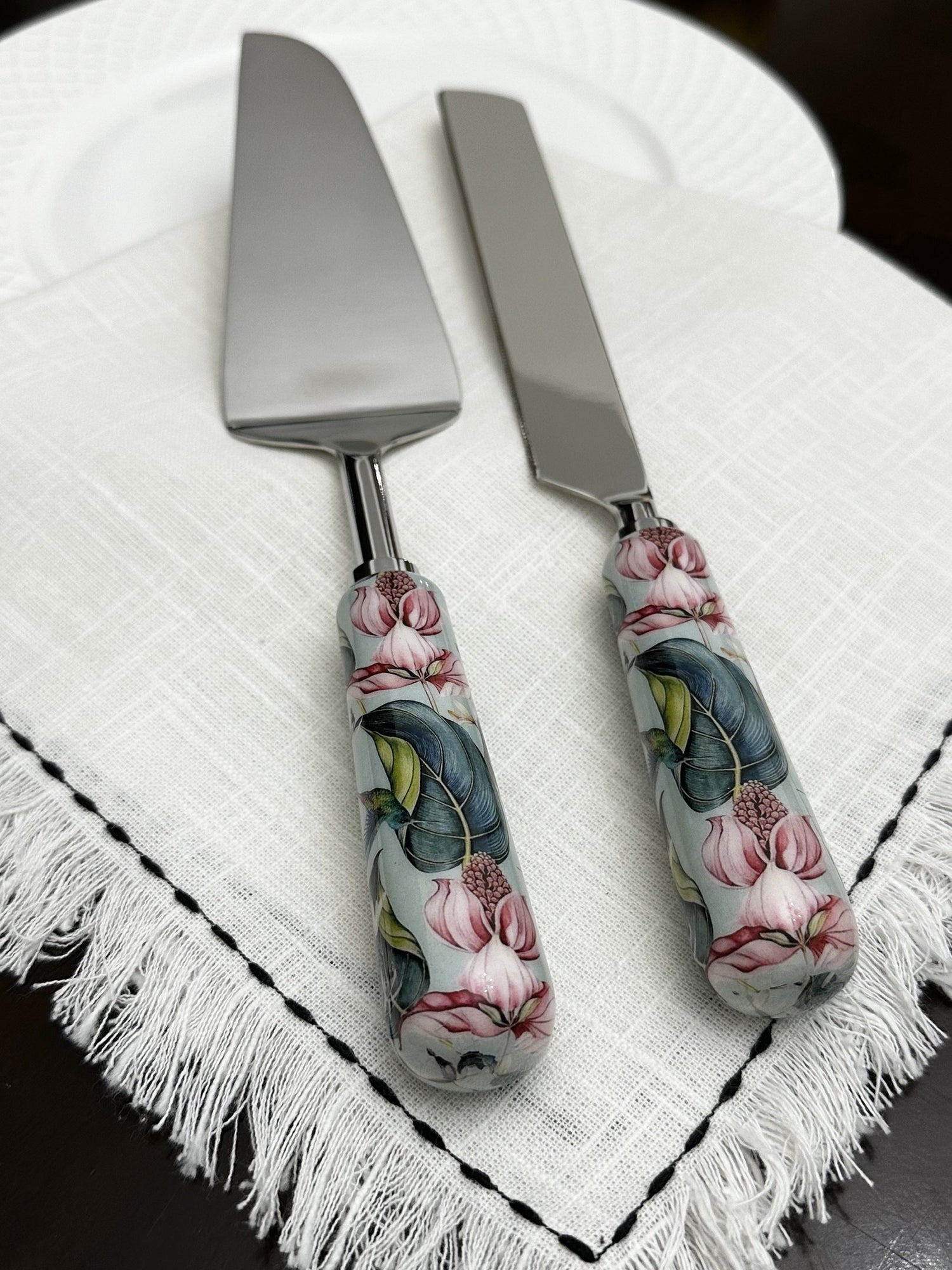 Floral Cake Cutting Knife &amp; Server with Mint Meenakari Work