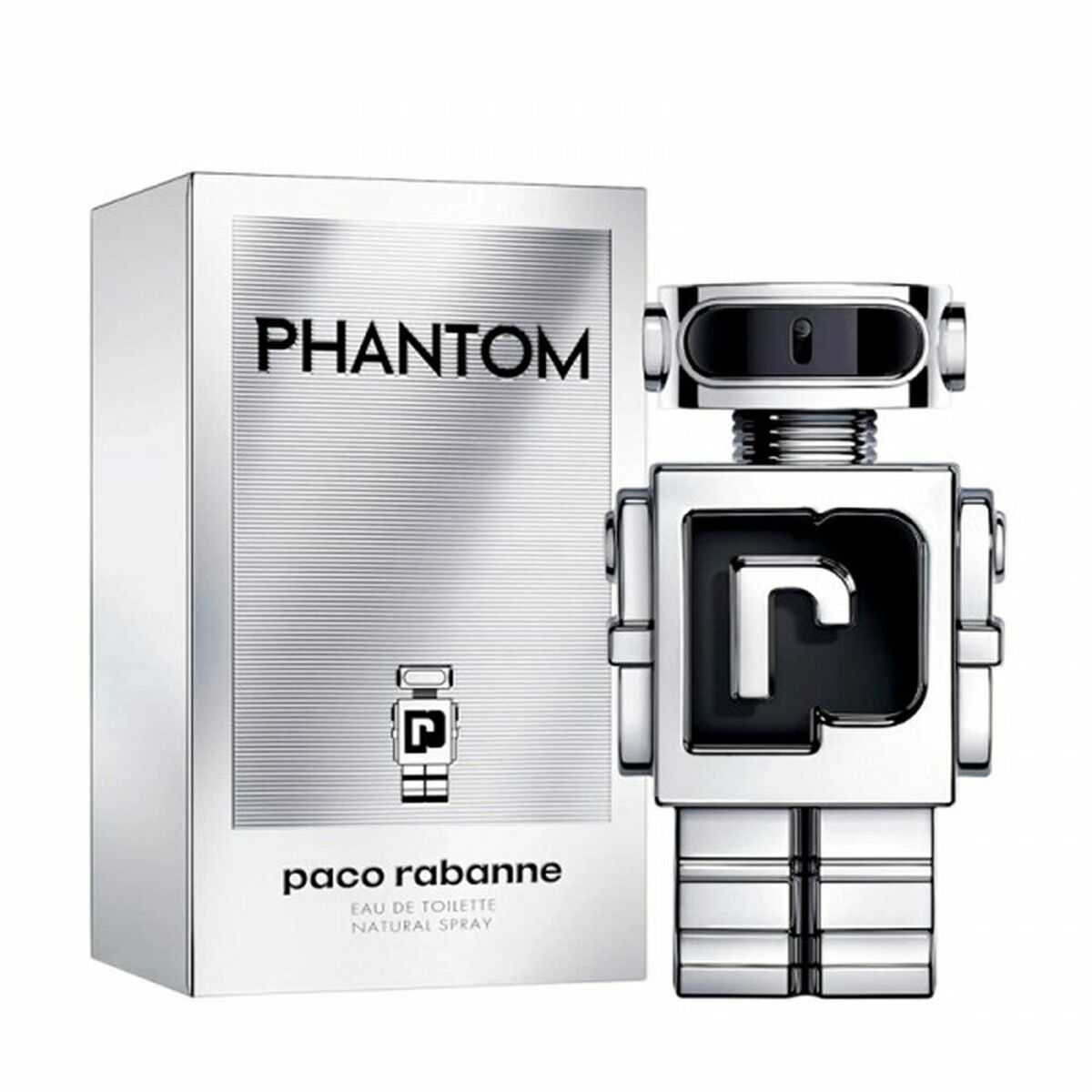 Men's Perfume Paco Rabanne Phantom EDT (100 ml) in a sleek robot-shaped bottle with a silver finish.